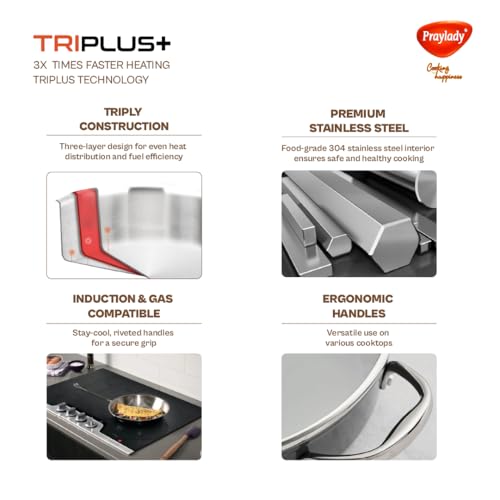 Image of Praylady TRIPLUS+ Triply Stainless Steel Stock Pot 22 cm | 4.2 L | Biryani | Handi | Casserole | Patila | Soup | Curry | Induction & Gas Compatible | with Lid
