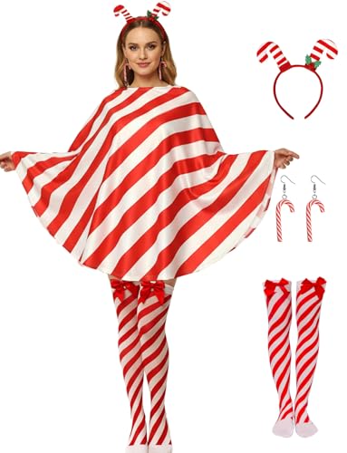 OUHAICUST Candy Cane Costume Christmas Costumes Present Poncho With Stockings Women Funny Dress Cosplay Outfit