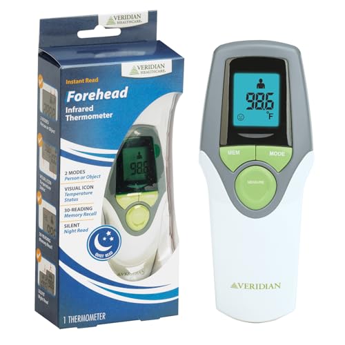 Image of Veridian Healthcare Infrared Thermometer | Forehead Measurements | 1-Second Readout | Hygienic Non-Contact | Whole Family Care | 3-Year Warranty