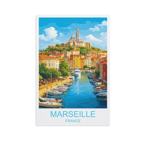 Poster de voyage vintage Marseille France - Impression sur toile pour décoration d'intérieur - 20 x 30 cm - Pour salon, chambre à coucher et bureau, paysage...