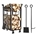Produktbild Amagabeli Kaminholzregal mit 4 Kaminwerkzeug 78x29x35.8cm Innen Kaminholzständer Kamin Begleiter Set Draussen Holzregal 2 Ablagen Schmiedeeisen Brennholzregal Kaminbesteck Holzhalter