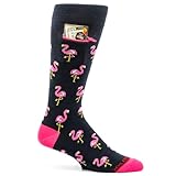 Fashion Print Crew Socks for Men - Anti Theft Novelty Dress Socks w/Hidden Zipper Pocket for Travel Keys & Cash - Flamingos on Navy Blue