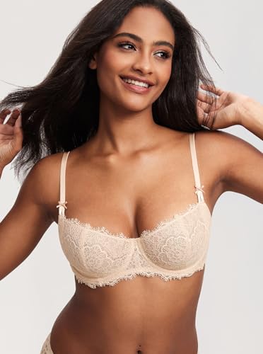 Image of DOBREVA Women's Balconette Sexy Unlined Bra Lace Push Up Plus Size Bras See Through Underwire