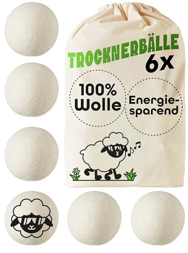 Praknu Trocknerbälle Wolle für Wäschetrockner 6er Set - Weiche, Flauschige Wäsche - 100% Öko Schafwolle - Energie sparen - Ideal für Daunen