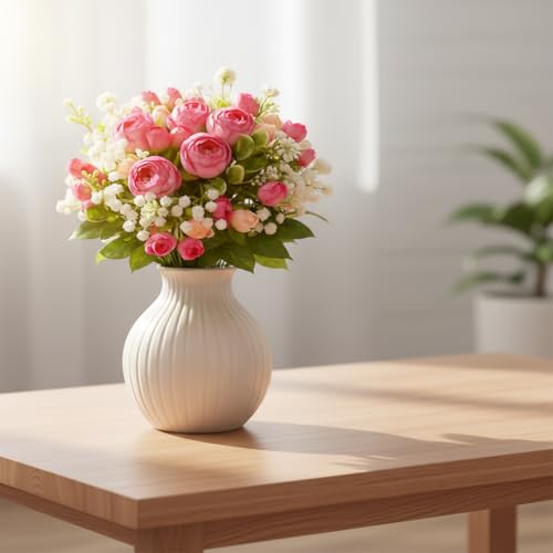 Image of Artificial Flowers Bunch for Home Decor Living Room, Peony Flower with Baby Breath, Decorative Items, Indoor Plants Alternative, Flower Bunch for Vase, 30 cm (Vase Not Included) (Pink Dark)
