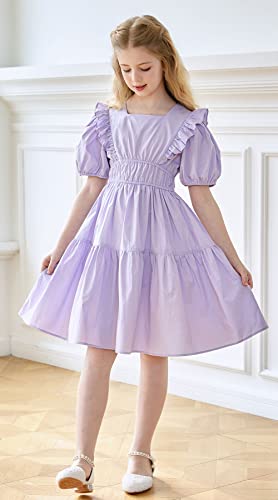 SMILING PINKER Girls Dress Square Neck Short Puff Sleeves Ruffle Party A-line Flare Solid Dresses3