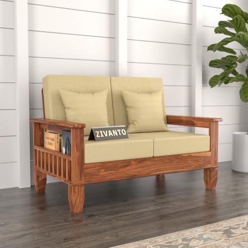 Image of Solid Sheesham Wood 2 Seater Sofa for Living Room | Premium Wooden Loveseat with Side Magazine Rack | Cushioned Fabric Seat | Modern Solid Wood Sofa for Home & Office