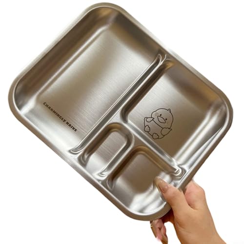 Plato de comedor de acero inoxidable para niños con tres secciones separadas para contener diferentes alimentos sin mezclar sabores (pato)