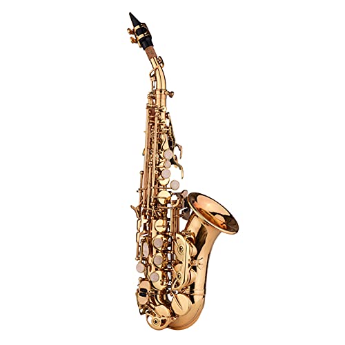 Sassofono soprano in ottone con superficie laccata dorata, strumento a fiato con custodia per il trasporto, guanti, panno per la pulizia, pennello, ance e cinturino
