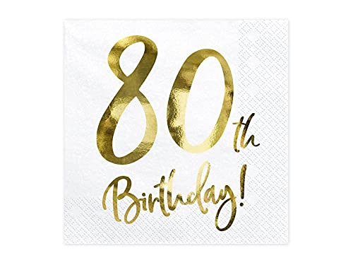 Party Deco80th Birthday Decoration Paper Napkins 20 Piece Pack, White/Gold