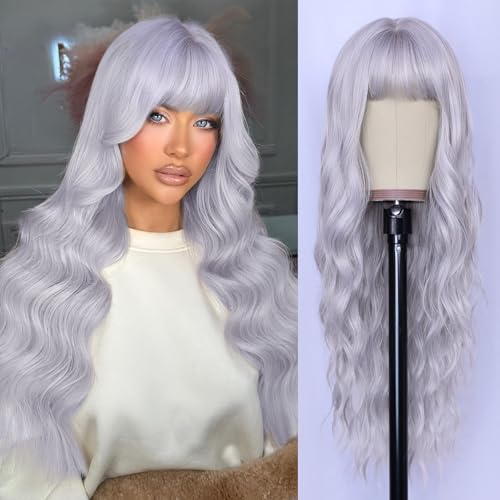 Image of NAYOO Silver Gray Wigs with Bangs for Women,24 Inch Wavy Synthetic Wig | Natural Looking,Beginner Friendly,Heat Resistant Fiber,Ideal for Daily Wear,Parties & Halloween