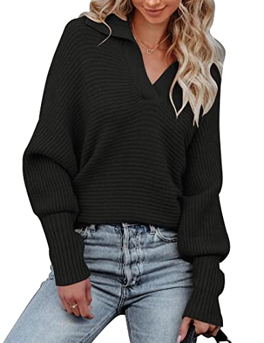 Merokeety Women's Batwing Long Sleeve V Neck Pullover Sweaters Foldover Collared Casual Knit Jumper Tops Black #TOP16