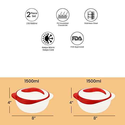 Pinnacle Insulated Casserole Dish With Lid 1.5 Qt. Hot Pot Food Warmer/Cooler –Great Thermal Soup/Salad Serving Bowl- Stainless Steel Hot Food Container–Best Gift Set For Moms –Holidays Red/White #TOP2