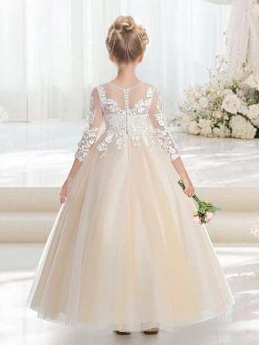Elegant Tulle Flower Girl Dress A Line Applique First Communion Dresses with Sleeves Pageant Princess Party Gowns2