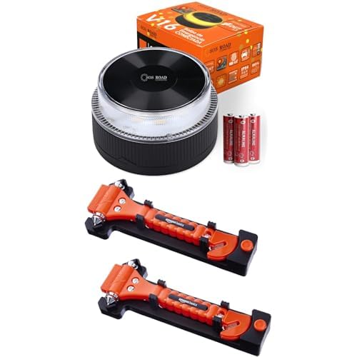 Baliza de Emergencia V16 con Geolocalización y Conexión DGT 3.0 – Uso Obligatorio Enero 2026 + Amazon Basics Cortador de cinturón de seguridad y martillo rompecristales de emergencia, Paquete de 2