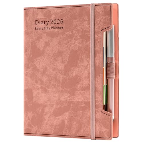 Agenda scolaire 2026 A5, une page par jour, agenda quotidien 2026, de janvier à décembre 2026, 12 mois, couverture rigide, stylo, boucle pour stylo, autocollants, rose