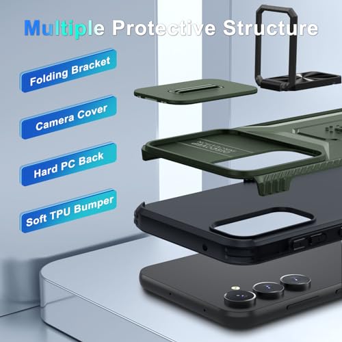 for Samsung Galaxy S24 FE Case with Tempered Glass Screen Protector and Camera Lens Cover,Ring Stable Kickstand,Heavy Duty Shockproof Protective Phone Cover-Alpine Green