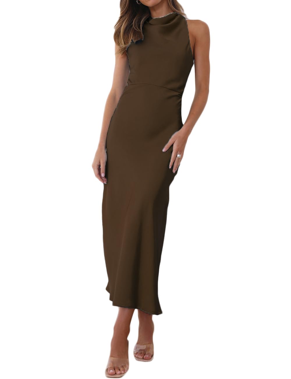Photo 1 of Halfisland Summer Satin High Neck Backless Sleeveless Midi Dresses for Women Elegant Mock Neck High Waist Cross Back Cocktail Dress Brown
