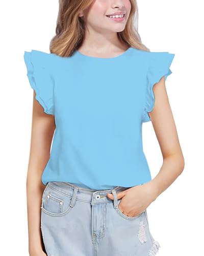 Image of Kilymosy Girls White Shirt Short Sleeve Summer Casual Flutter Tops Tee Blouse 5-14 Years