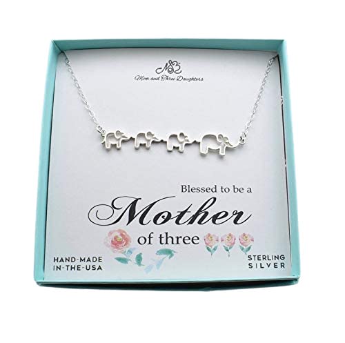 Mom and Three Baby Elephants Necklace in .925 Sterling Silver. Mother of Three. Mom of 3. Mother's Day Gift for Mother of Three. Birthday Gift for Mom. Christmas gift for mom.
