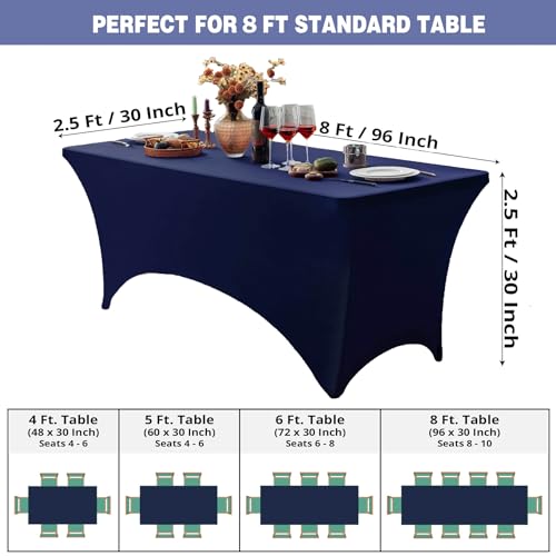 Image of FOLINS&HOME Navy Blue 8ft Fitted Water Resistant Tablecloth with Spandex | Washable Elastic Rectangle Table Cover for 8 Foot Folding Tables, Stretch Table Cloth for Weddings, Banquets, Parties