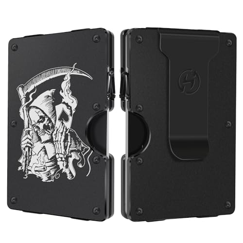 Minimalist Metal Wallet for Men - Slim Front Pocket Wallets with Money Clip - RFID Blocking Aluminum Card Holder - Skull Poker Engraved