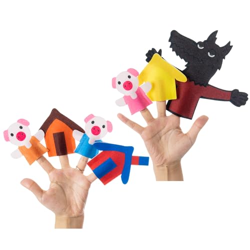 Three Little Pigs Finger Puppets for Kids, 7pcs Story Finger Puppets Toy, Interactive Teaching, Scenario Story Role Play, Bedtime Storytelling