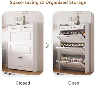 ODUWA Shoe Cabinet for Entryway,White Slim Shoe Storage Cabinet with 3 Flip Drawers and 2 Storage Drawers,Narrow Shoe Storage Cabinet Organizer for Entryway, Hallway, Living Room