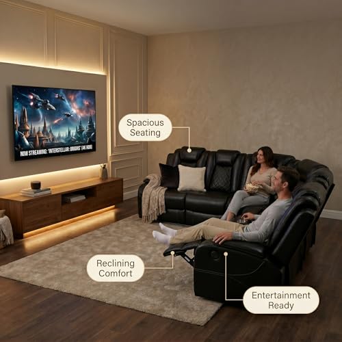 Image of Power Reclining Sectional Sofa for Living Room,Modern L-Shaped Air Leather Sectional Couch Set,Recliner Sofa Set,with LED Lights,Cup Holder,Storage,Charging Ports,Home (Blcak)
