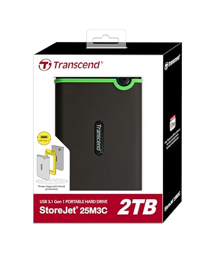 Image of Transcend StoreJet 2TB Rugged External Hard Drive, for PS4 /PC /Mac /Desktop, Laptop /Xbox One /Xbox 360, USB3.1Gen1(5Gbps) Type-C Portable HDD /One Touch Auto-Backup Button /Anti-Shock Resistant-TS2TSJ25M3C