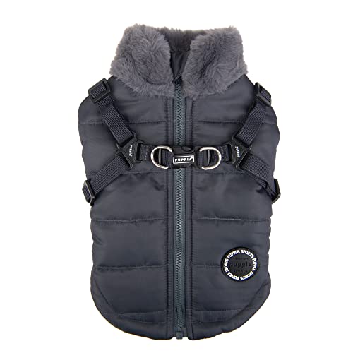 Puppia Donavan Winter Dog Coat with Integrated Harness No Pull Cold Weather Waterproof Warm Fleece Back Zipper for Small & Medium Dog, Grey, Medium