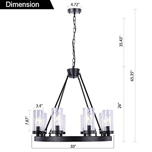 Wellmet Matte Black Wagon Wheel Chandeliers Bubble Glass Shade, Farmhouse 30” 8-Light Iron Chandelier, Industrial Rustic Hanging Ceiling Light Dining Room Kitchen Bedroom Living Room Foyer Hallway #TOP29