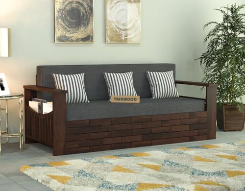 Image of Solid Sheesham Wooden Sofa Cums Bed with Mattresses for Living Room|Rosewood 3-Person Sofa Cums Bed for Bedroom Without Pillow (I-Walnut Finish)