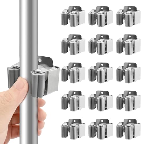 HYSHLC 15 Pcs Broom Holder Wall Mount Mop Clamp Clip Hanger Stainless Steel Organizer Gripper Mounted Utility Rack with Installation Screws Self Adhesive for Shovel Handle Garden Tool (Sliver)