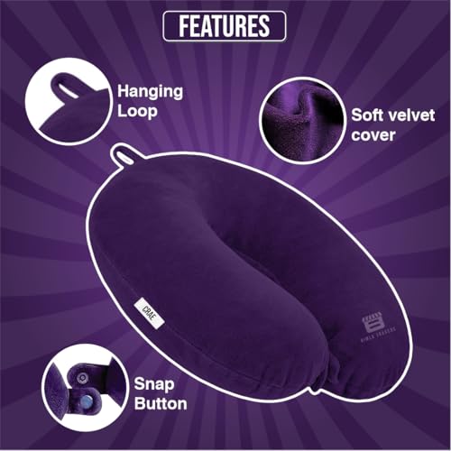 Image of CRAE Travel Neck Pillow for Men & Women | Soft Fibre Cushion for Flight, Car & Train | Soft Velvet Fabric with Attachable Snap Strap | Cervical Support for Neck Pain Relief.Pack of 1(Purple)
