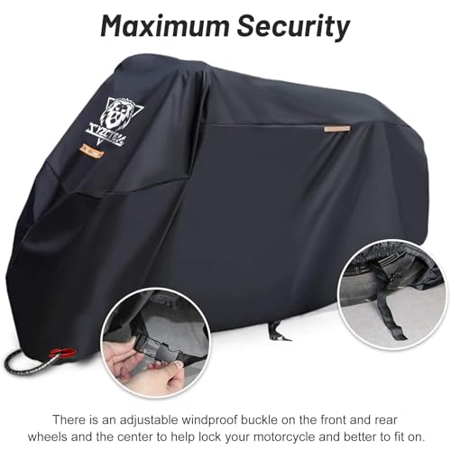 XYZCTEM Motorcycle Cover -Waterproof Outdoor Storage Bag,Made of Heavy Duty Material Fits up to 91 inch, Compatible with Harley Davison and All Motors(Black& Lockholes& Professional Windproof Strap)