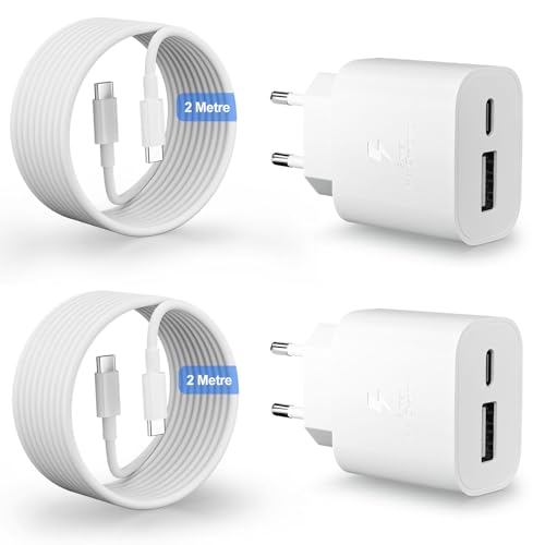 2-Pack 25W USB C-Laddare, 2 Portars Snabbladdare PD & QC3.0 Strömadapterkontakt för Apple Phone 16/16e/16 Plus/16 Pro/16 Pro Max/Phone 15 Series/iPad med 2 m Snabbladdningskabel USBC