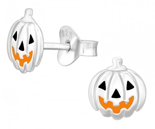 Pumpkin 925 Sterling Silver Stud Earrings, Halloween Dainty Festive Jewelry Gift (Jack O Lantern)