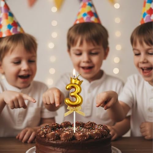 Image of Rozi Decoration Number 3 Birthday Candle for Cake with Crown Design | Gold Metallic Number Candle with Stick | Third Birthday Cake Topper for Baby, Kids and Family Celebration