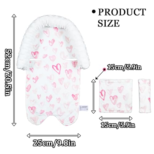 Image of Baby Car Seat Head Support Cushion and Strap Cover for Girls - Infant Carseat Insert Support Soft Minky Newborn Headrest Seatbelt Covers for Car Seat,Stroller,Bouncer,Pink Love