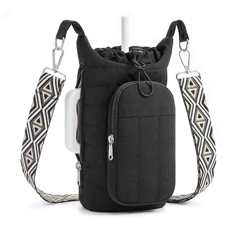 WOOMADA Water Bottle Holder Bag with Strap, 40/32 oz Crossbody Bag Gym Accessories, Sling Purses for Women(Black)
