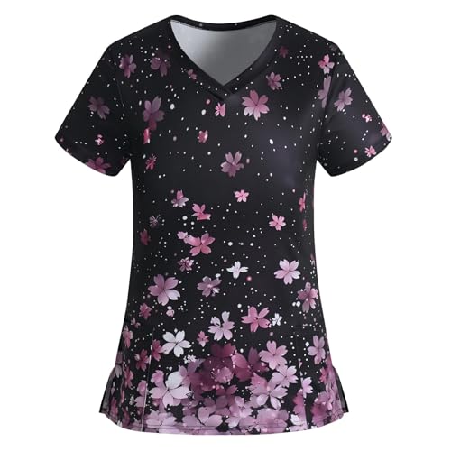 Scrub Tops for Women Stretchy Vneck Short Sleeve Cute Floral Animal Printed Holiday Nursing Pocketed Working Uniforms