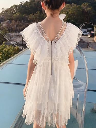 New 3-14Years Girls White Lace Dress Ruffle Sleeve Tiered Soft Lined Party Summer Formal4