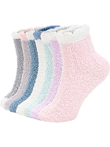 Azue Fuzzy Warm Slipper Socks Women Super Soft Microfiber Cozy Sleeping Socks 6 or 5 Pairs (7 Pairs Patchwork)