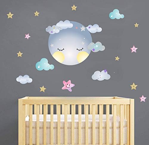 Moon Sticker Clouds Wall Decals Stars Wall Decals Kids Room Wall Decor Smiling Clouds Wall Sticker Removable Wall Art Decor