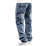 Mens Loose Fit Hip Hop Jeans Casual Cargo Denim Pants with Multi Pockets (US, Numeric, 34, Regular, Regular, Blue)