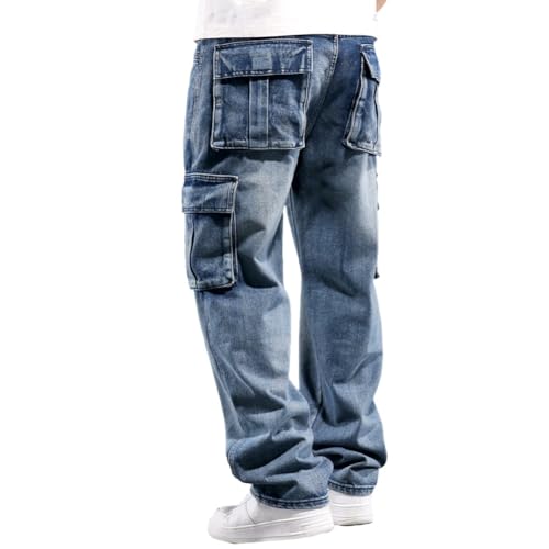 Mens Loose Fit Hip Hop Jeans Casual Cargo Denim Pants with Multi Pockets