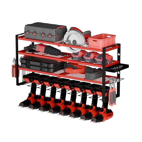 Vautrezon Power Tool Organizer Wall Mount – Metal Cordless Drill Storage Rack with 8 Slots, 4-Tier Adjustable Shelf for Garage, Workshop & Shed Red