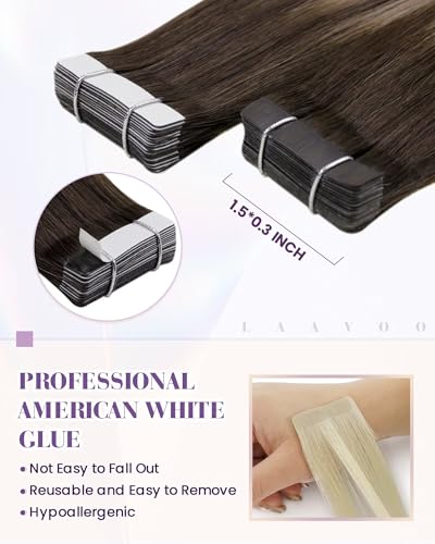 Image of LaaVoo Tape in Extensions Human Hair Brown Balayage Tape in Hair Extensions Human Hair 40pcs 100G Dark 14 Inch