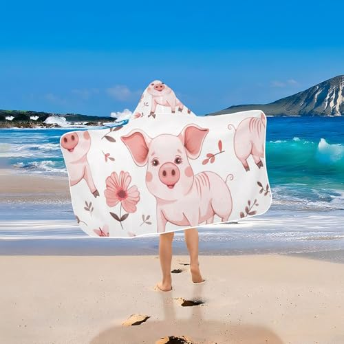 Image of Cute Pig Animal Hooded Beach Towel for Kids, Kids Bath Hooded Towels for Boys Girls, Super Soft Absorbent Bathrobe with Hood for Swin Pool 50 inchx23.5 inch